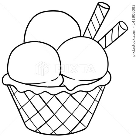 Waffle Bowl Ice Cream with Three Scoops and Wafer Sticks Line Art Waffle Bowl Ice Cream with Three Scoops and Wafer Sticks Line Art 141906092