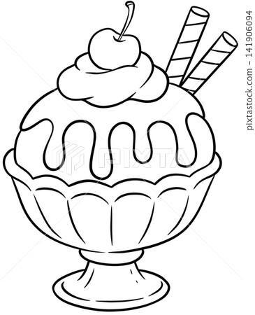 Classic Ice Cream Sundae Glass with Sauce Cherry and Wafers Line Art Classic Ice Cream Sundae Glass with Sauce Cherry and Wafers Line Art 141906094