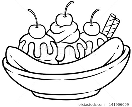 Banana Split Sundae Dessert Line Art Outline Drawing for Menu Graphics Banana Split Sundae Dessert Line Art Outline Drawing for Menu Graphics 141906099