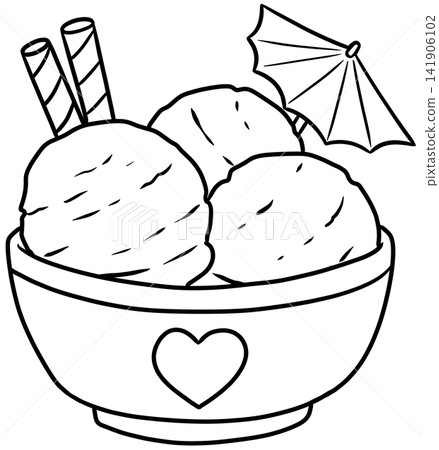 Summer Ice Cream Bowl with Mini Umbrella and Wafers Line Art Drawing Summer Ice Cream Bowl with Mini Umbrella and Wafers Line Art Drawing 141906102