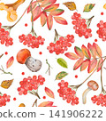 Watercolor autumn pattern with rowan berries, leaves and wild mushrooms 141906222
