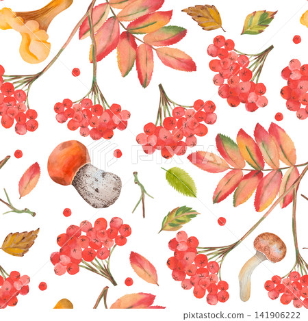 Watercolor autumn pattern with rowan berries, leaves and wild mushrooms Watercolor autumn pattern with rowan berries, leaves and wild mushrooms 141906222