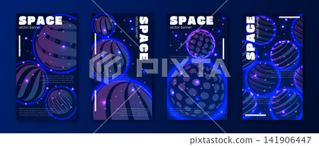 Space poster. Galaxy cover, universe flyer. Banner with planet, moon. Solar system, cosmic orbit art. Vintage science, astronomy event promotion, modern advertising. Vector garish decoration design 141906447