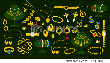 Jewelry ring set. Accessory earring in gold. Pendant necklace. Vintage luxury fashion heart wedding. Diamond bracelet gemstone assortment. Vector garish design cartoon flat style isolated illustration Jewelry ring set. Accessory earring in gold. Pendant necklace. Vintage luxury fashion heart wedding. Diamond bracelet gemstone assortment. Vector garish design cartoon flat style isolated illustration 141906462