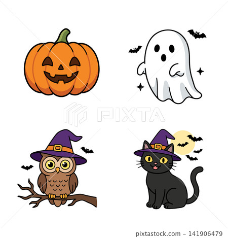 Cute Halloween Character Illustration Set (Pumpkin, Ghost, Owl, Black Cat) Cute Halloween Character Illustration Set (Pumpkin, Ghost, Owl, Black Cat) 141906479