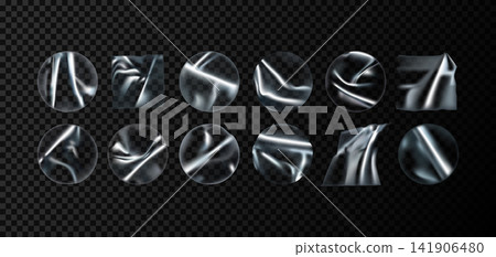 Tape transparent set. Realistic adhesive plastic. Label glue, cut square, circle. Crumpled texture scotch. Wrinkled sticky masking cellophane flexible patch. Vector template isolated 3d illustration Tape transparent set. Realistic adhesive plastic. Label glue, cut square, circle. Crumpled texture scotch. Wrinkled sticky masking cellophane flexible patch. Vector template isolated 3d illustration 141906480