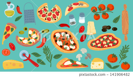 Italian pizza set. Tomatoes, basil, tomato paste on piece. Mozzarella cheese, olive oil. Ingredients for menu cooking. Pizzeria takeaway icon. Vector fast food cartoon flat style isolated illustration Italian pizza set. Tomatoes, basil, tomato paste on piece. Mozzarella cheese, olive oil. Ingredients for menu cooking. Pizzeria takeaway icon. Vector fast food cartoon flat style isolated illustration 141906482