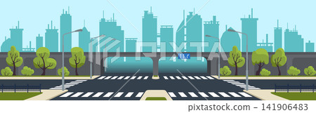 Road city. Crossroad urban. Crosswalk, traffic light at empty street intersection. Town movement for car, traffic planning. Background infrastructure. Vector landscape with trees skyline illustration Road city. Crossroad urban. Crosswalk, traffic light at empty street intersection. Town movement for car, traffic planning. Background infrastructure. Vector landscape with trees skyline illustration 141906483