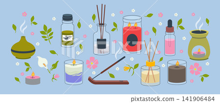 Wellness spa. Natural products. Diffuser aromatherapy, cosmetic candle. Essential oil in bottle. Aroma healthy medicine. Icon relax, home fragrance assortment. Vector cartoon flat style illustration Wellness spa. Natural products. Diffuser aromatherapy, cosmetic candle. Essential oil in bottle. Aroma healthy medicine. Icon relax, home fragrance assortment. Vector cartoon flat style illustration 141906484