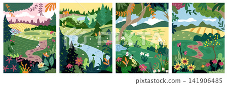 Nature landscape poster. Rural farm. Mountain summer. Flower, tree in green field. Grass spring forest, park meadow. Panorama scenery. Vector tidy background cartoon flat style isolated illustration Nature landscape poster. Rural farm. Mountain summer. Flower, tree in green field. Grass spring forest, park meadow. Panorama scenery. Vector tidy background cartoon flat style isolated illustration 141906485