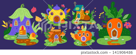 Fairytale building set. Fairy house. Garden architecture. Forest home for gnome, elf game. Cute magic village. Mushroom cottage from nature plant. Vector cartoon tidy flat style isolated illustration Fairytale building set. Fairy house. Garden architecture. Forest home for gnome, elf game. Cute magic village. Mushroom cottage from nature plant. Vector cartoon tidy flat style isolated illustration 141906486