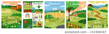 Farm card. Landscape with green hills, meadow. Rural grazing. Countryside harvest, grassland. Village garden, agricultural field. Prints and posters set. Vector tidy background isolated illustration Farm card. Landscape with green hills, meadow. Rural grazing. Countryside harvest, grassland. Village garden, agricultural field. Prints and posters set. Vector tidy background isolated illustration 141906487