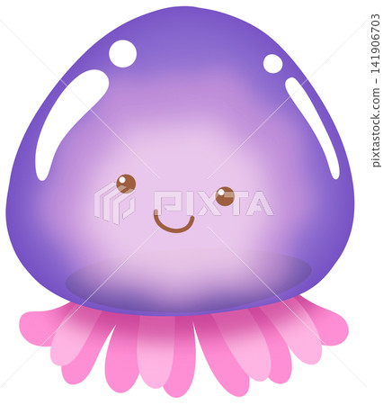 Cute purple jellyfish character floating gracefully with pink tentacles Cute purple jellyfish character floating gracefully with pink tentacles 141906703