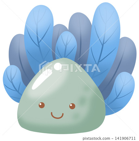 Cute green rock character surrounded by blue sea anemone leaves smiling cheerfully Cute green rock character surrounded by blue sea anemone leaves smiling cheerfully 141906711