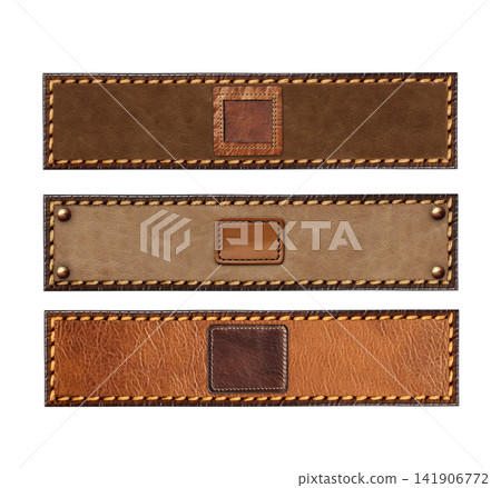 Set of horizontal or vertical leather banners of brown color with label. Collection of leather tag, label with metal button. Isolated on white background. Mockup template. Copy space for text 141906772
