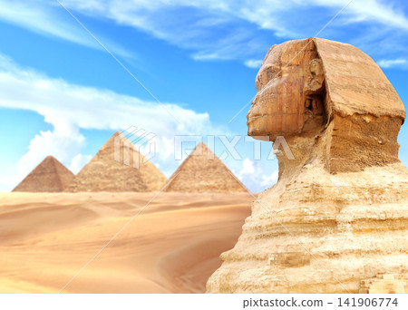 Creative collage - Great Sphinx, Great Pyramid of Menkaure, Chephren, Cheops, Cairo, Egypt. Pyramids, Sphinx, Giza Necropolis, popular destination for traveller. Topic of vacation, travel, trip abroad Creative collage - Great Sphinx, Great Pyramid of Menkaure, Chephren, Cheops, Cairo, Egypt. Pyramids, Sphinx, Giza Necropolis, popular destination for traveller. Topic of vacation, travel, trip abroad 141906774