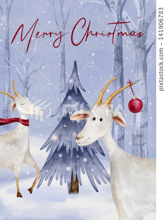 Goats Christmas Greeting Card. Watercolor artwork features two goats in a snowy forest. Christmas tree in festive lights and handwritten "Merry Christmas" in red script. Trendy card fwith symbol 2027 Goats Christmas Greeting Card. Watercolor artwork features two goats in a snowy forest. Christmas tree in festive lights and handwritten "Merry Christmas" in red script. Trendy card fwith symbol 2027 141906783