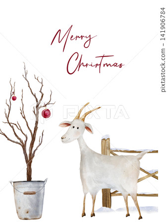 Watercolor illustration cartoon white goat symbol 2027 year. Template card design with handwritten Merry Christmas and bare tree in galvanized metal bucket and wooden fence Watercolor illustration cartoon white goat symbol 2027 year. Template card design with handwritten Merry Christmas and bare tree in galvanized metal bucket and wooden fence 141906784