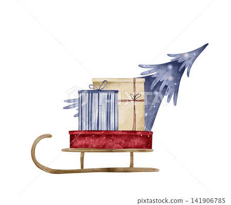 Watercolor illustration of wooden sled carrying blue-striped and beige-wrapped gifts and light blue Christmas tree. Winter holiday composition for holiday invitations, cards and clipart collections 141906785