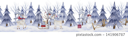 Seamless horizontal border with watercolor illustration of goats in winter holiday scene. Hand-painted animals alongside snowy pine trees, red ornaments, and wrapped gifts. Christmas frame for holiday Seamless horizontal border with watercolor illustration of goats in winter holiday scene. Hand-painted animals alongside snowy pine trees, red ornaments, and wrapped gifts. Christmas frame for holiday 141906787