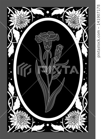 Floral frame illustration. Monochrome botanical poster or cover design. Oval border, decorative flowers and leaves, elegant ornamental graphics print, victorian style. Vector hand drawn isolated art Floral frame illustration. Monochrome botanical poster or cover design. Oval border, decorative flowers and leaves, elegant ornamental graphics print, victorian style. Vector hand drawn isolated art 141907178