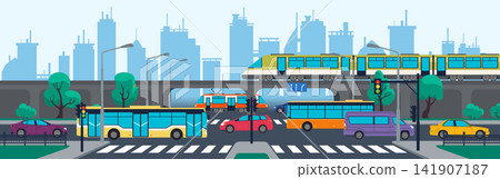 City road with traffic. Street bus, automobile in movement. Urban transport. Transportation for logistic, crossroad. Travel metropolis. Vector background cartoon flat style isolated illustration City road with traffic. Street bus, automobile in movement. Urban transport. Transportation for logistic, crossroad. Travel metropolis. Vector background cartoon flat style isolated illustration 141907187