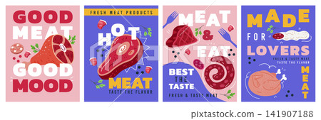 Sausage poster. Design meat products. Branding charcuterie. Packaging food for market. Layout kitchen menu. Banner eat for app. Vector icon tidy restaurant cartoon flat style isolated illustration Sausage poster. Design meat products. Branding charcuterie. Packaging food for market. Layout kitchen menu. Banner eat for app. Vector icon tidy restaurant cartoon flat style isolated illustration 141907188