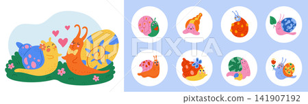 Snail cute. Baby playful nature character. Kawaii happy creature with shells. Leisurely slimy animal. Spring fauna for children print. Playful doodle. Vector tidy cartoon flat isolated illustration Snail cute. Baby playful nature character. Kawaii happy creature with shells. Leisurely slimy animal. Spring fauna for children print. Playful doodle. Vector tidy cartoon flat isolated illustration 141907192