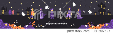 A hand-drawn style horizontal banner background featuring Halloween costumed characters lined up in a row against a dark night sky. A hand-drawn style horizontal banner background featuring Halloween costumed characters lined up in a row against a dark night sky. 141907323