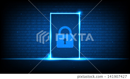 Abstract digital data protection background with blue neon padlock and binary code matrix screen Abstract digital data protection background with blue neon padlock and binary code matrix screen 141907427
