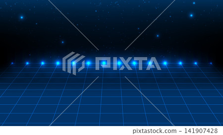 Abstract digital wireframe landscape with starry sky and bright neon lights on dark background Abstract digital wireframe landscape with starry sky and bright neon lights on dark background 141907428
