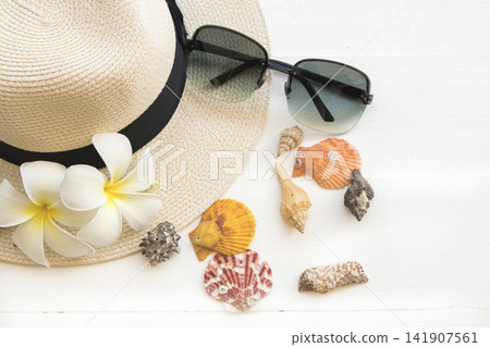 hat, sunglasses of lifestyle woman relax summer season with shellfhish hat, sunglasses of lifestyle woman relax summer season with shellfhish 141907561