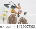 slippers, sunglasses of lifestyle woman relax summer season with shellfhish  141907562