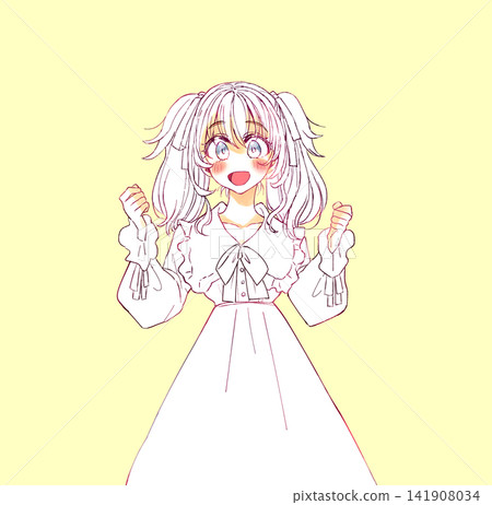 一幅洛麗塔風格女性的線條畫，她雙手高興地握成拳頭。 141908034