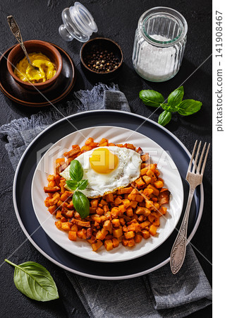 Crispy potato cubes cooked with diced sausage Crispy potato cubes cooked with diced sausage 141908467