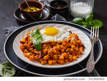 pyttipanna dish of fried potatoes, sausage, egg pyttipanna dish of fried potatoes, sausage, egg 141908469