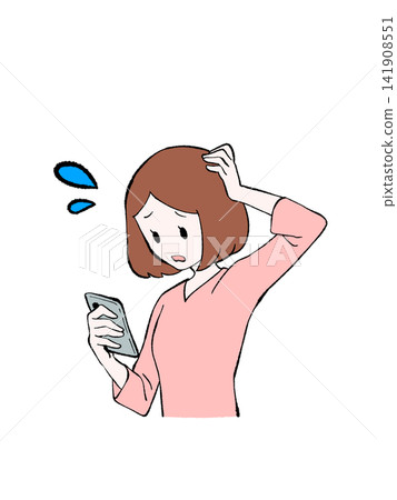 一名女子看著她的智慧型手機,神情焦慮不安。 一名女子看著她的智慧型手機,神情焦慮不安。 141908551