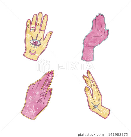 Esoteric hand set with mystical celestial elements, watercolor hand drawn clip art. Whimsical girly illustration collection in pastel colors for boho stickers, tarot cards. Isolated from background Esoteric hand set with mystical celestial elements, watercolor hand drawn clip art. Whimsical girly illustration collection in pastel colors for boho stickers, tarot cards. Isolated from background 141908575