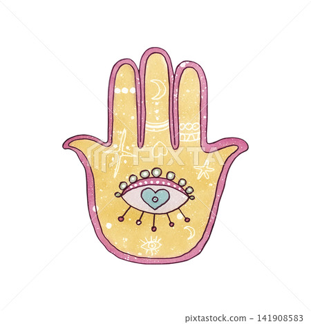 Cute watercolor Hamsa hand all-seeing eye in center. Pastel mystical amulet decorated celestial elements, hearts. Girly esoteric protective talisman hand drawn illustration isolated from background Cute watercolor Hamsa hand all-seeing eye in center. Pastel mystical amulet decorated celestial elements, hearts. Girly esoteric protective talisman hand drawn illustration isolated from background 141908583