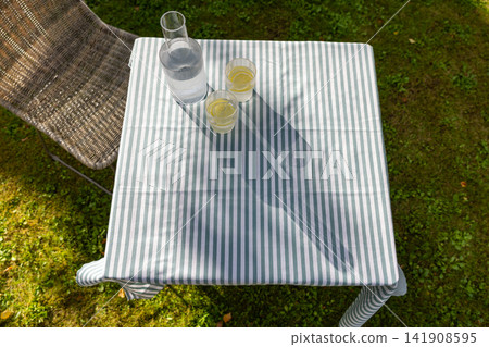 Refreshing Lemon Water on Garden Table in Sunny Summer Backyard Refreshing Lemon Water on Garden Table in Sunny Summer Backyard 141908595