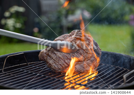 Juicy Beef Steak Grilling on Charcoal Barbecue in Garden Juicy Beef Steak Grilling on Charcoal Barbecue in Garden 141908644