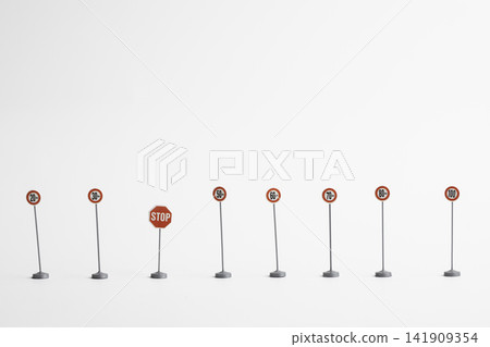 Miniature speed limit signs on white background Miniature speed limit signs on white background 141909354