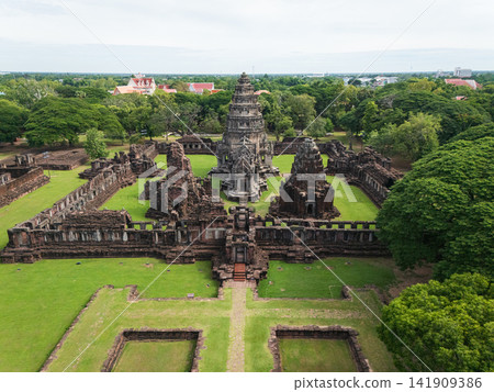 Drone shot the aerial view of Phimai Historical Park. the ancient stone temple Nakhon Ratchasima, Thailand 141909386