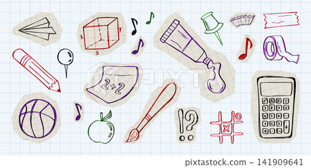 Hand drawn school doodle icons, scketch stickers Hand drawn school doodle icons, scketch stickers 141909641