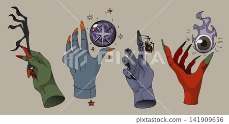 Witch hands with magic items, scary halloween icon Witch hands with magic items, scary halloween icon 141909656