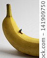 Miniature man skiing on a yellow ripe banana 141909750