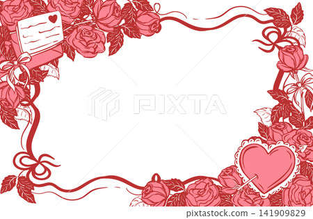 Vector horizontal frame with pink roses and a love letter. A bouquet of flowers with a bow and a message from someone who adores you. A quick ink sketch. Valentine's Day template in Coquette style. Vector horizontal frame with pink roses and a love letter. A bouquet of flowers with a bow and a message from someone who adores you. A quick ink sketch. Valentine's Day template in Coquette style. 141909829