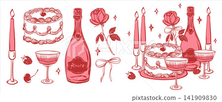 Valentine's Day gifts set. Vector clip art. A romantic evening with bottle champagne. Glasses of wine, love letter, coquette and rose. Illustration for congratulations, posters. Birthday presents. Valentine's Day gifts set. Vector clip art. A romantic evening with bottle champagne. Glasses of wine, love letter, coquette and rose. Illustration for congratulations, posters. Birthday presents. 141909830
