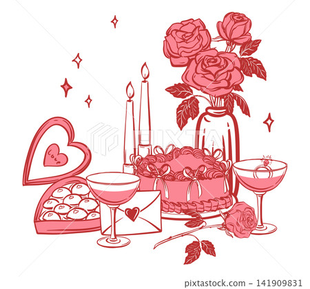 Valentine's Day gifts for your loved one. Vector clip art. Romantic marriage proposal with champagne and diamond ring. Chocolates, glasses of wine, love letter and roses. Ink coquette style sketch. Valentine's Day gifts for your loved one. Vector clip art. Romantic marriage proposal with champagne and diamond ring. Chocolates, glasses of wine, love letter and roses. Ink coquette style sketch. 141909831