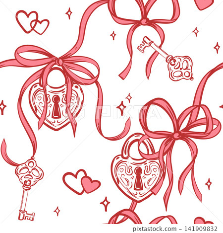 Vector wedding background. Seamless pattern in Coquette style. A padlock and key symbol love. Line ink sketch. Clipart for Valentine's Day marriages. Decorative element packaging paper, fabric. Vector wedding background. Seamless pattern in Coquette style. A padlock and key symbol love. Line ink sketch. Clipart for Valentine's Day marriages. Decorative element packaging paper, fabric. 141909832